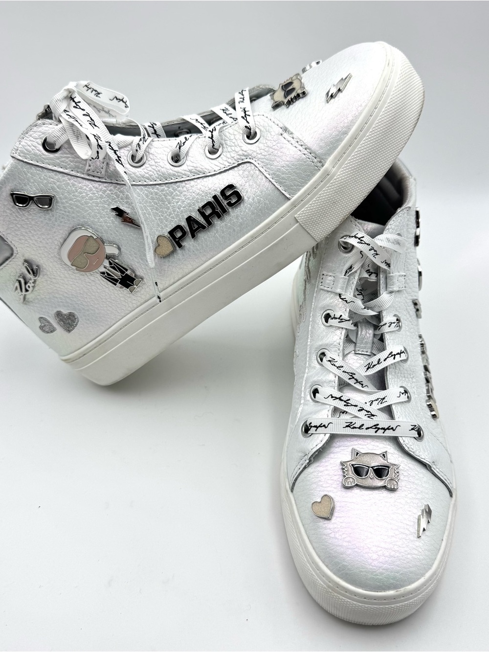 Karl Lagerfeld Paris 9.5 Catty Iridescent Shine White Leather High Top Sneakers